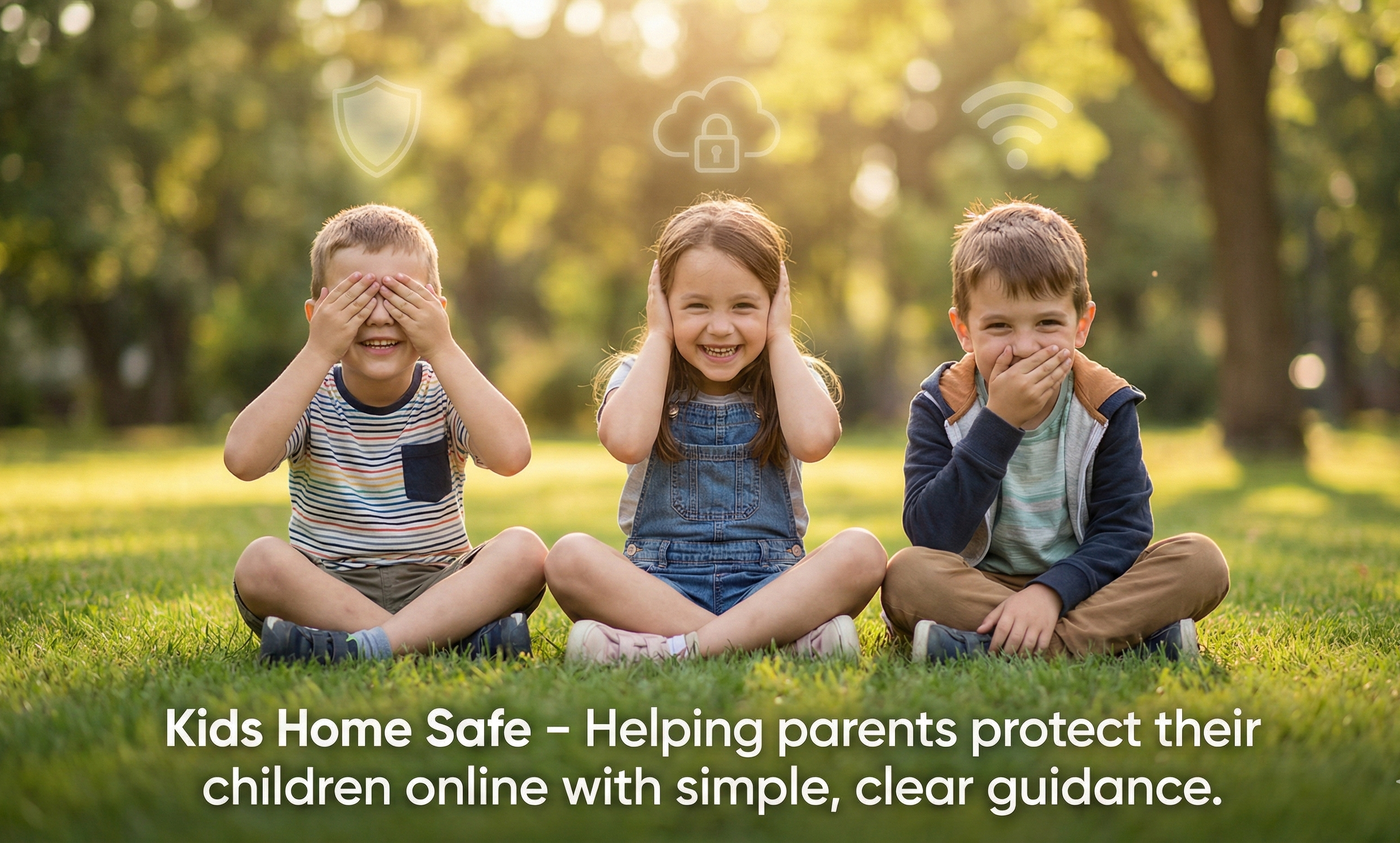 Happy kids sitting in grass with safety icons and Kids Home Safe branding text